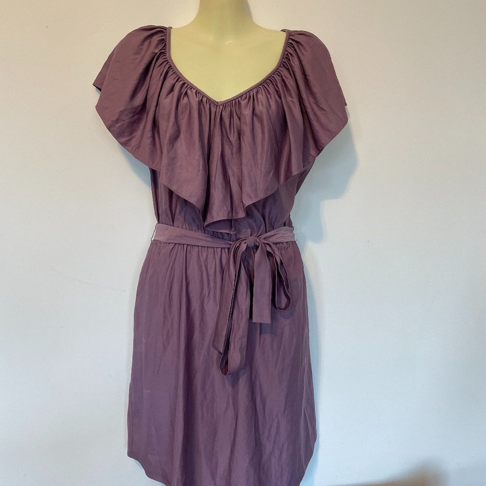 Rebecca Taylor Silk Purple V-Neck Short Sleeve Dress Tie Belted Knee Length S/M